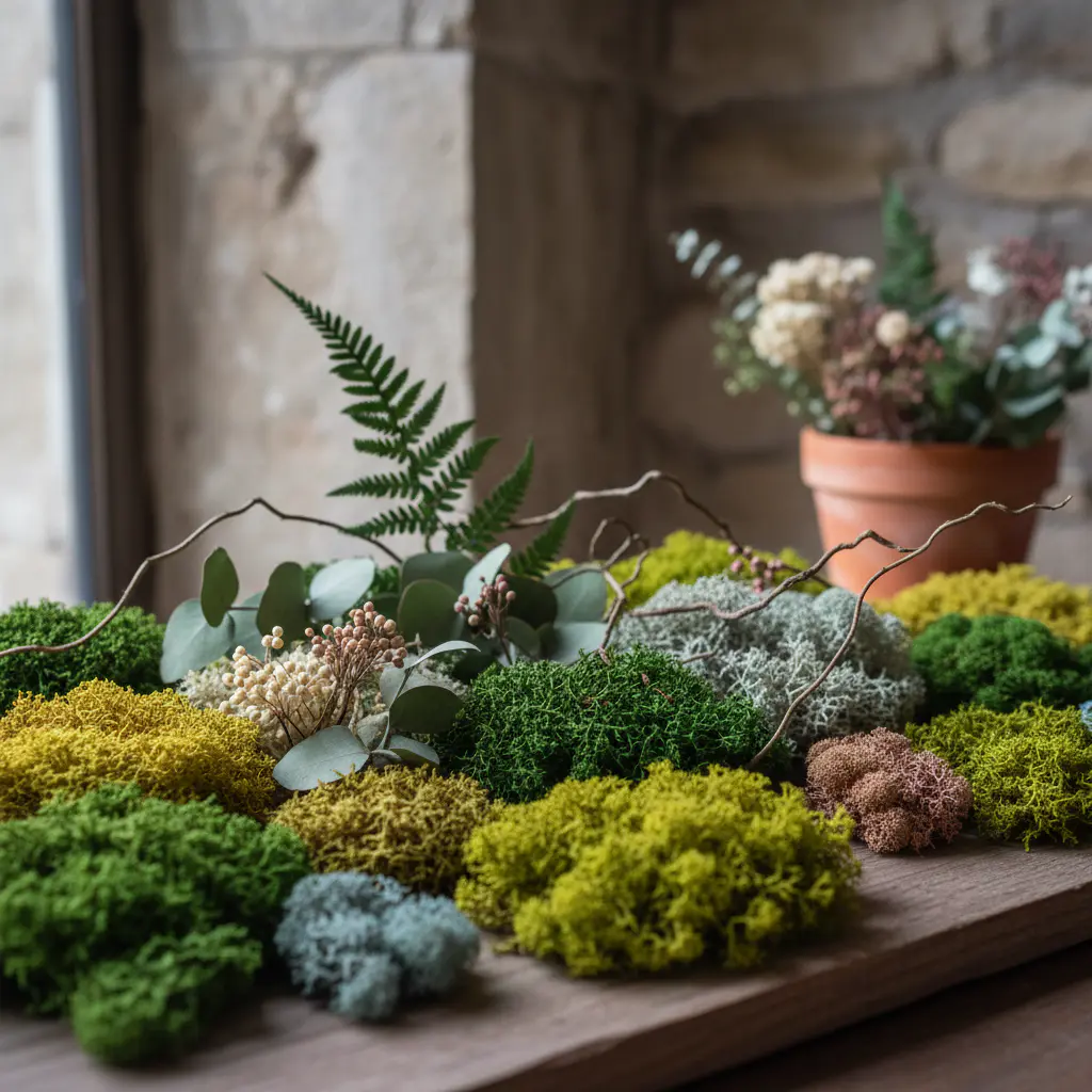 Selección de musgos y plantas preservadas