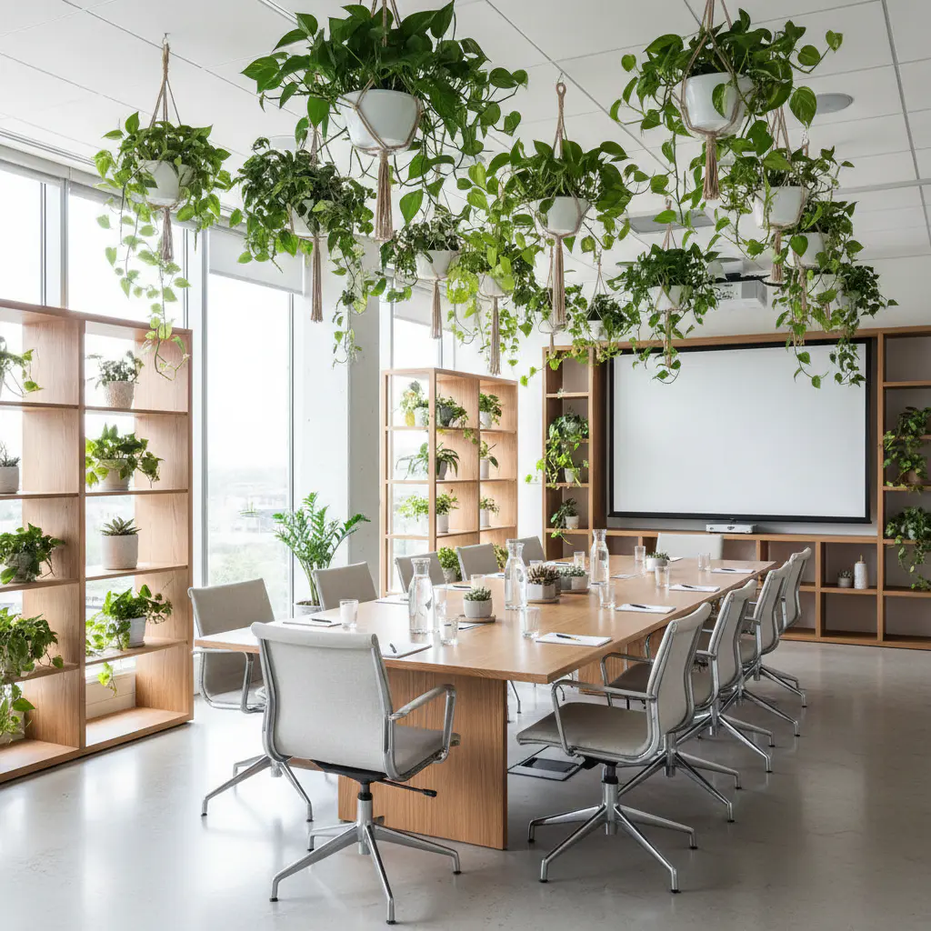 Sala de reuniones con plantas colgantes