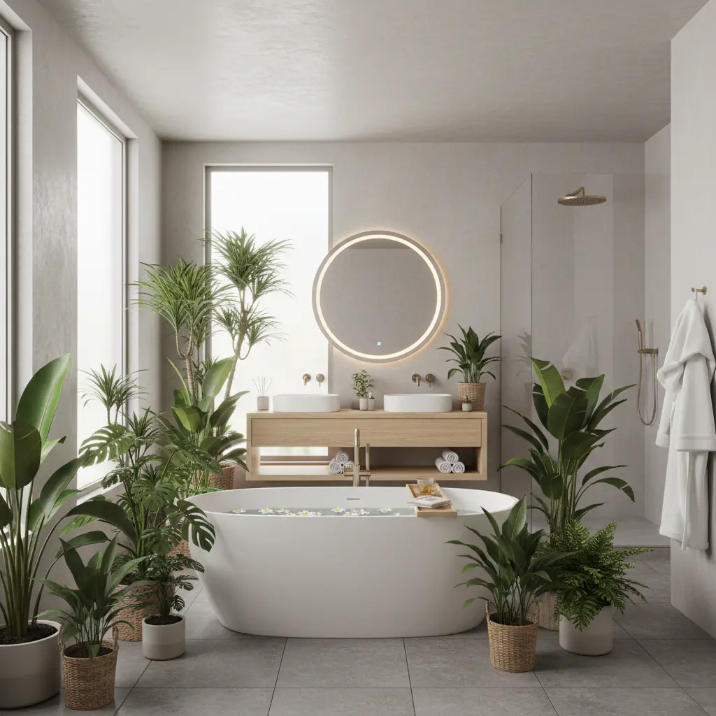 Baño estilo spa con plantas tropicales