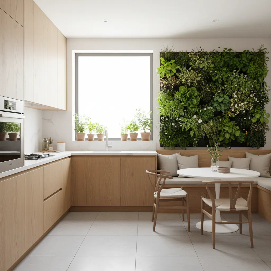 Cocina moderna con huerto urbano de pared