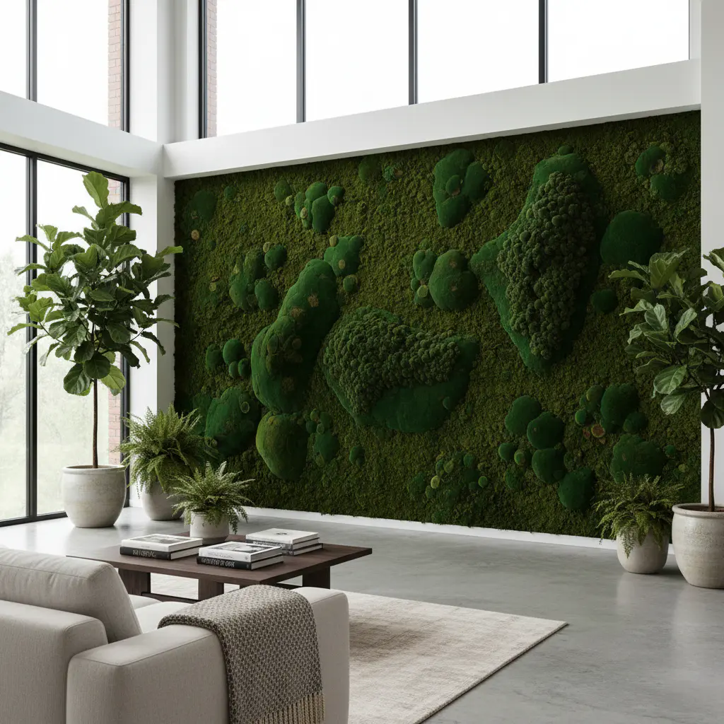 Salón con pared entera de musgo
