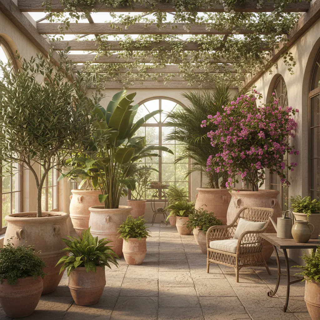 Terraza interior con macetas de terracota gigantes