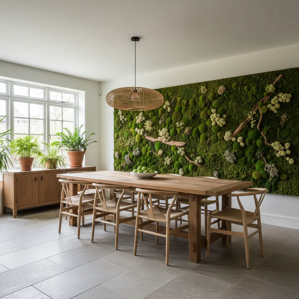 Comedor residencial con mural de musgo preservado